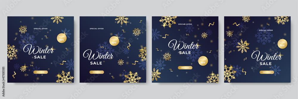 Trendy editable winter Christmas New Year sale template for social networks media post with snow, tree, snowflakes. Abstract modern background for banner sale, presentation, flyer, poster, invitation. - obrazy, fototapety, plakaty 