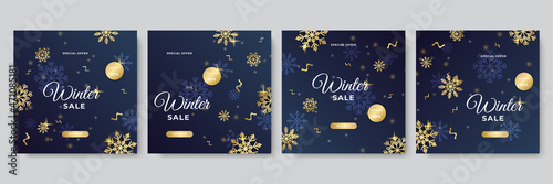 Trendy editable winter Christmas New Year sale template for social networks media post with snow, tree, snowflakes. Abstract modern background for banner sale, presentation, flyer, poster, invitation.