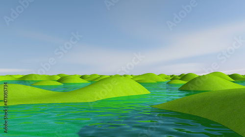 Green meadow with sky background. 3D illustration  3D rendering 