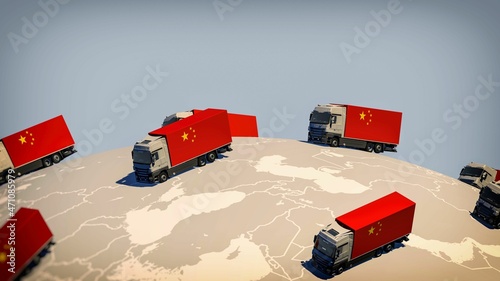 Photography Many trucks with the Chinese flag drive around on a globe - Chinese exports conc