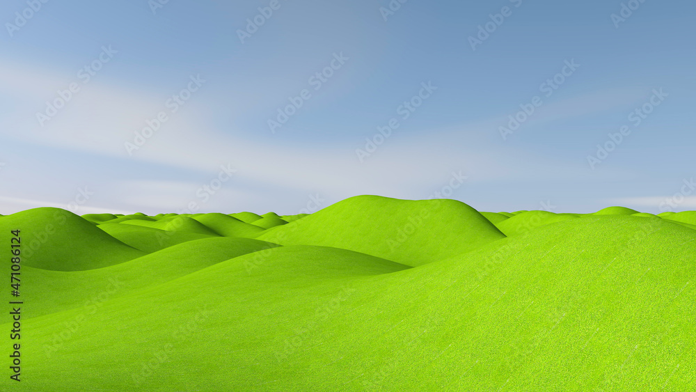 Green meadow with sky background. 3D illustration, 3D rendering	