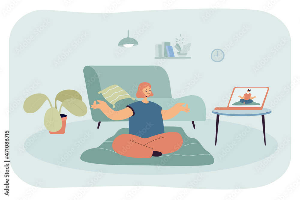 Fototapeta premium Woman having online yoga class. Female character watching live video via laptop and doing exercises at home flat vector illustration. Health, education, modern technology, leisure activity concept