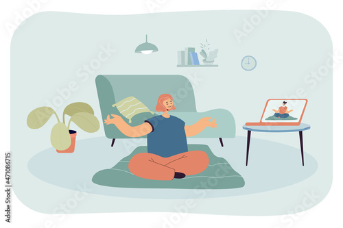 Woman having online yoga class. Female character watching live video via laptop and doing exercises at home flat vector illustration. Health, education, modern technology, leisure activity concept