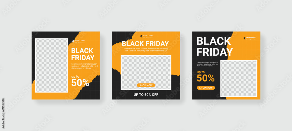 Social media template. Black Friday sale square banner. Design with yellow and black color. Social media template. Black Friday sale square banner. Design with yellow and black color.