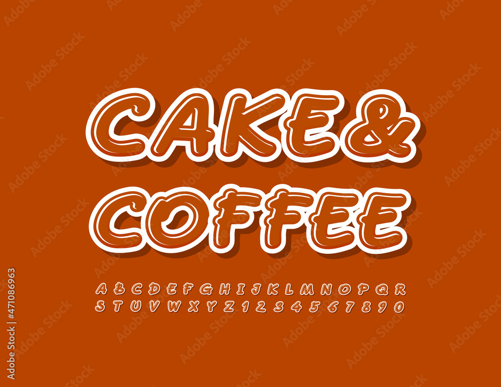 Vector trendy emblem Cake and Coffee. Artistic brown Font. Stylish Alphabet Letters and Numbers set