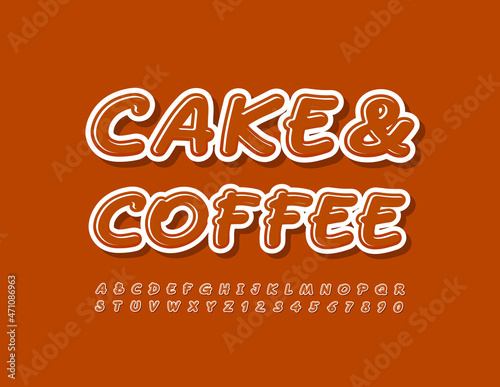 Vector trendy emblem Cake and Coffee. Artistic brown Font. Stylish Alphabet Letters and Numbers set