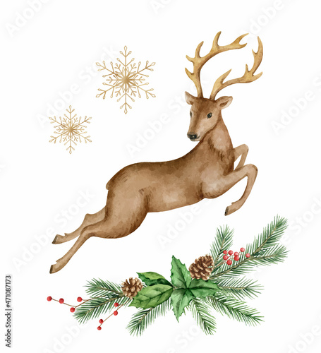 Christmas vector watercolor wreath with a deer and fir branches.