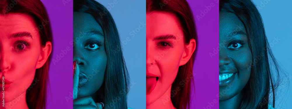 Fototapeta premium Set of cropped portraits of group of people on multicolored background in neon light, collage.