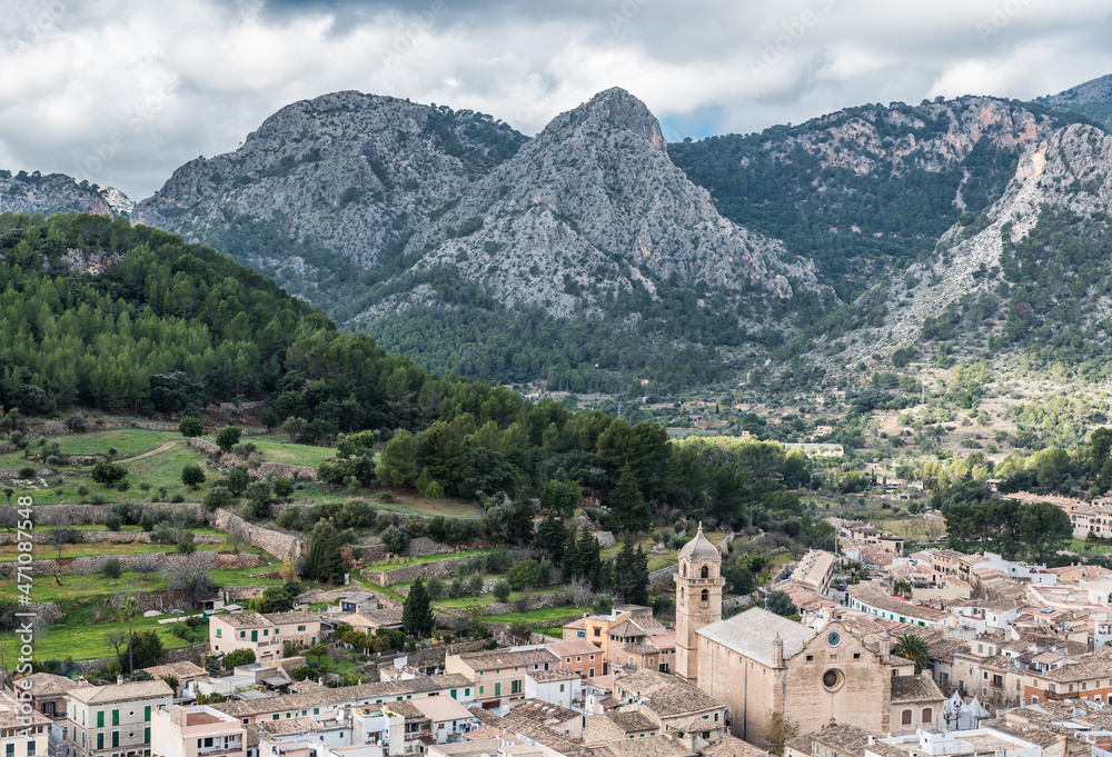 Soller, Spain - 12 25 2017:Panoramic view from above over Soller and the mountains