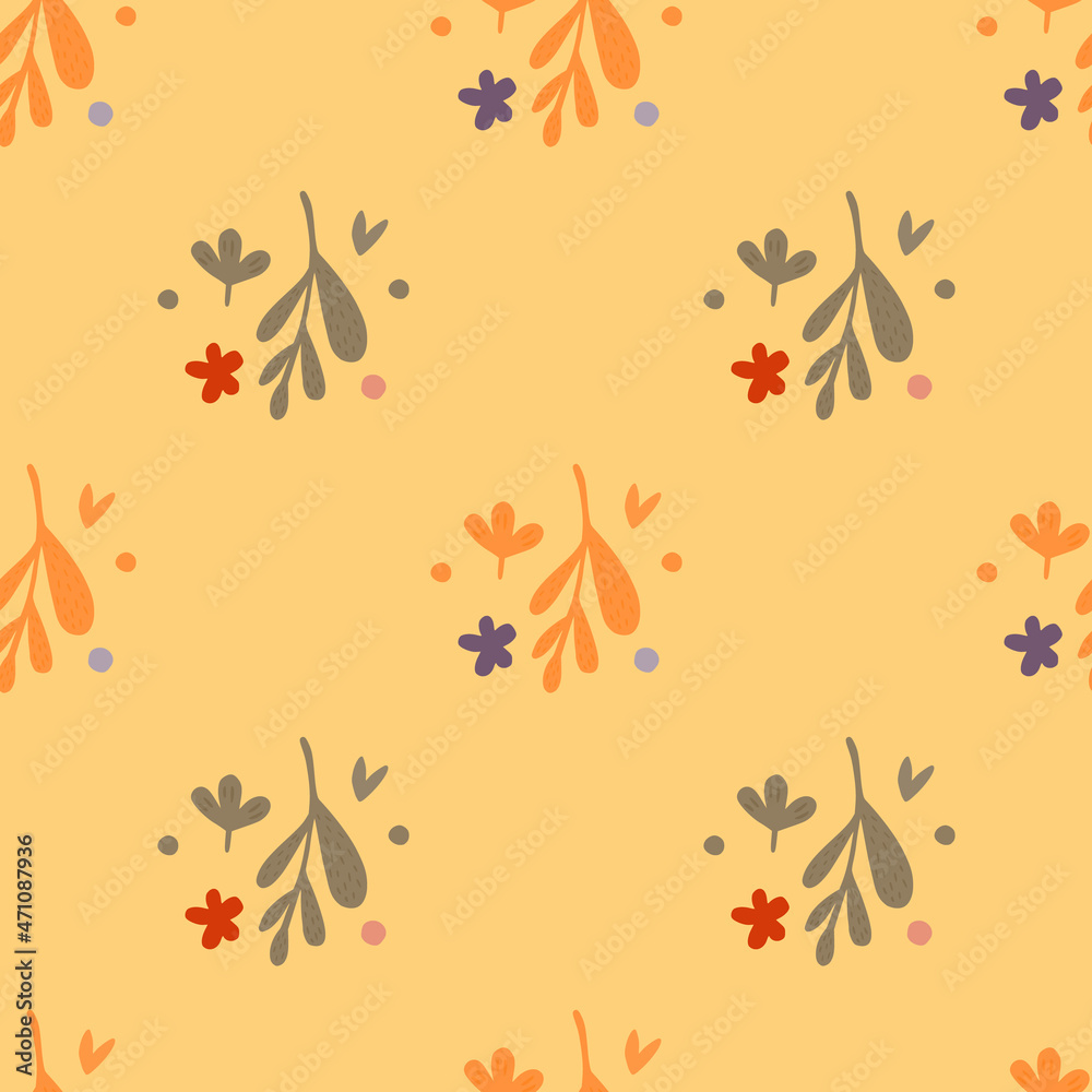Fototapeta premium Autumn small flowers and leaf seamless pattern. Vintage background.