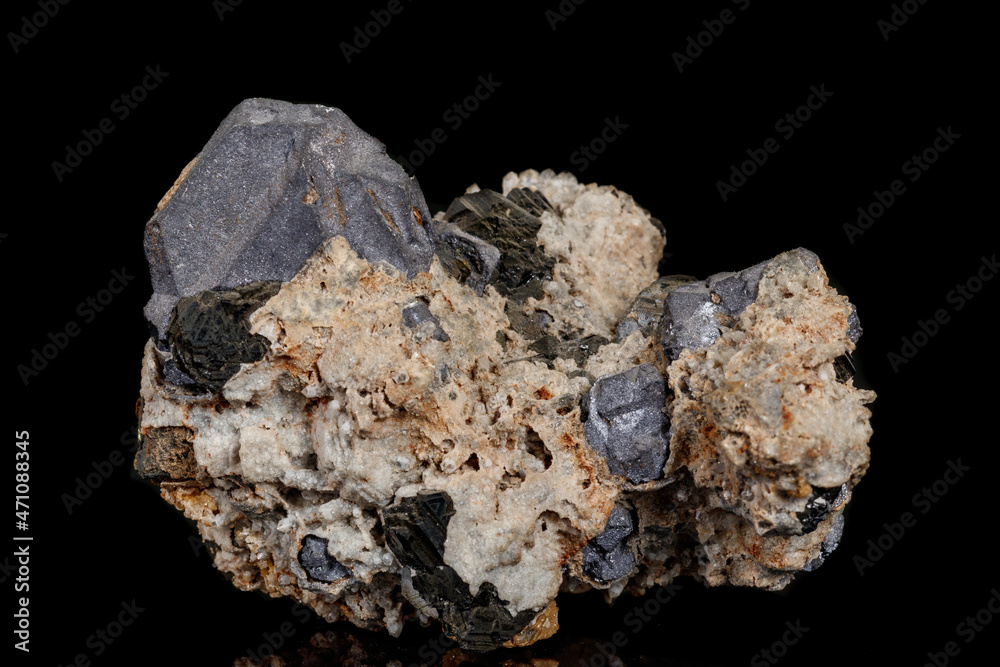 Macro stone mineral Galena on a black background Macro stone mineral Galena on a black background