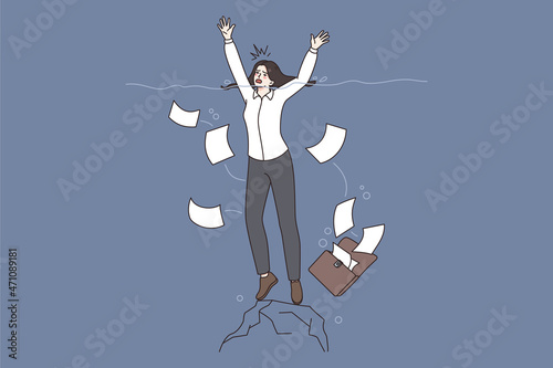 Business pressure and crisis concept. Young business woman drowning in deep waters with case and heap of papers vector illustration 