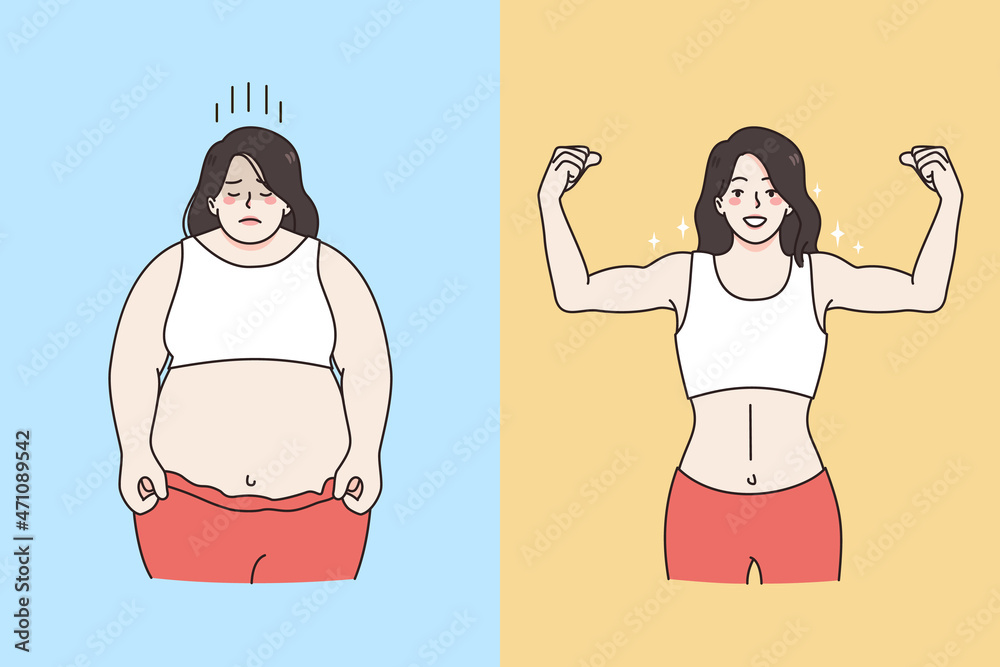 Stockvektorbilden Fat and overweight figure concept. Sad depressed fat  overweight woman standing opposite slim sporty and fir shape female vector  illustration | Adobe Stock