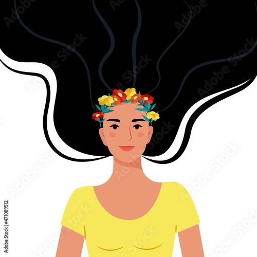 Girl in a wreath. Portrait of an attractive young girl. Vector illustration in flat style.