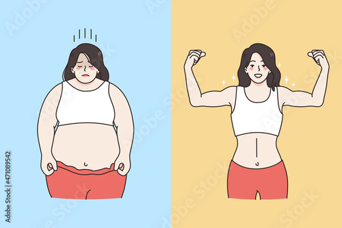 Fat and overweight figure concept. Sad depressed fat overweight woman standing opposite slim sporty and fir shape female vector illustration 