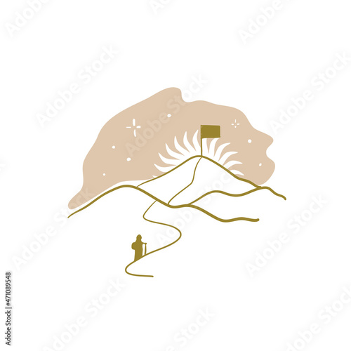 Traveler on the way uphill to the goal. Isolated vector illustration in trendy bohemian style on white background. Abstract sun and mountains. Modern flat boho design. 