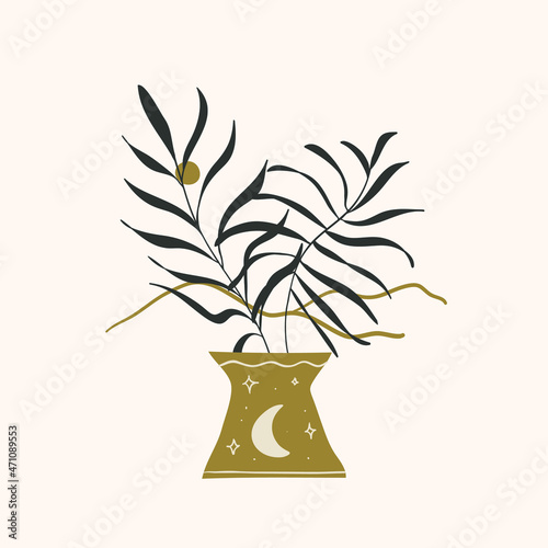 Abstract tropical leaves in a vase. Vector illustration in trendy bohemian style on color background. Celestial design element. Modern flat design. Boho print concept.
