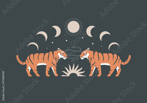 Modern art print with tigers, abstract sun, moon and sunset. Vector illustration in trendy contemporary style. Celestial concept.