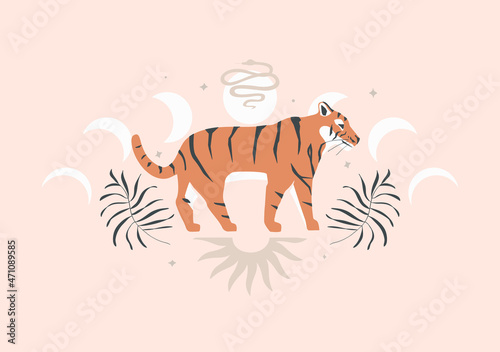 Modern art print with tiger, abstract celestial sun, moon and sunset. Vector illustration in trendy contemporary style. Boho image on color background.
