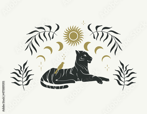 Modern art print with tiger, abstract sun, moon and plants. Vector illustration in trendy contemporary style. Celestial concept.
