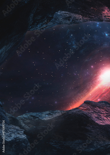 Space cave  stones  tunnel and starry night Galatian sky  planets  nebula. Fantasy space landscape  rock hole. Neon space 3D illustration. 