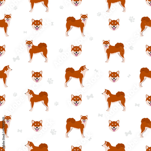 Shiba Inu, Japanese small size dog coat colors, different poses seamless pattern.  Vector illustration