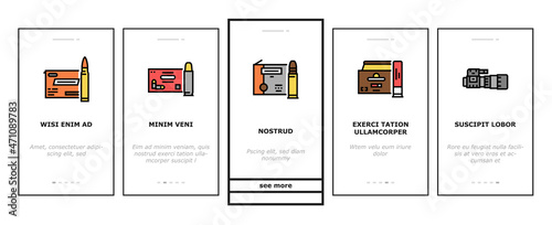 Shooting Weapon And Accessories Onboarding Mobile App Page Screen Vector. Pepper Spray And Ammo Box, Centerfire And Rimfire Pistol, Night Vision Scope And Ear Muffs For Shooting Gun. Illustrations