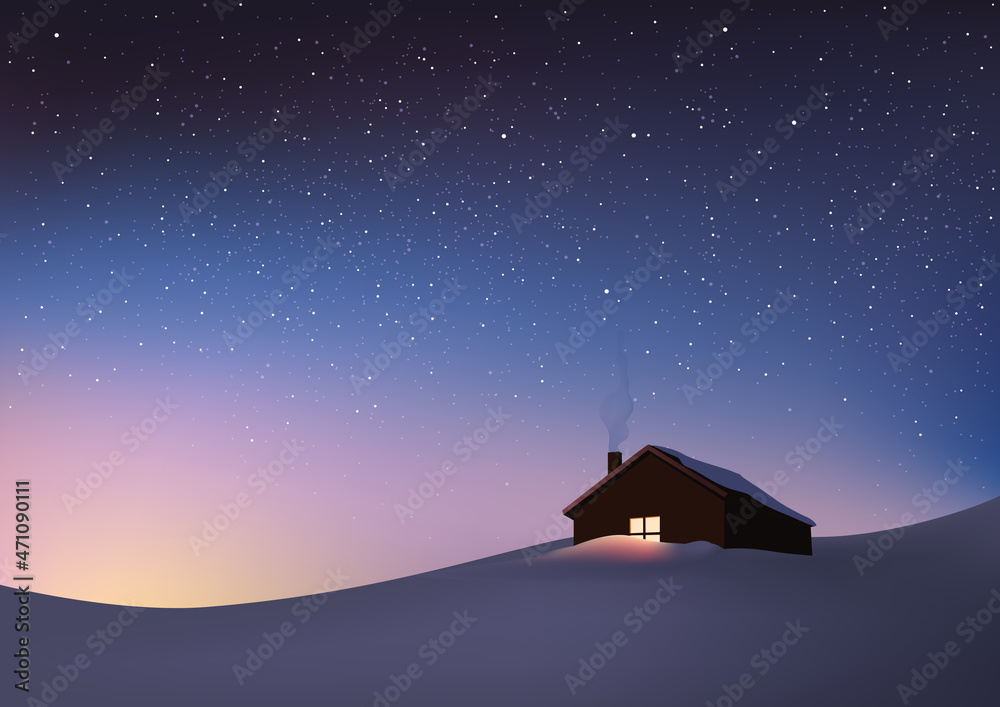 La solitude et le calme d’un paysage enneigé au lever du jour, symbolisée par une maison isolée sous un ciel étoilé. - obrazy, fototapety, plakaty 