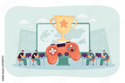 Two teams on sides playing virtual computer games with large screen, console and cup between them. Esports championship flat vector illustration. Entertainment, online competition, team work concept