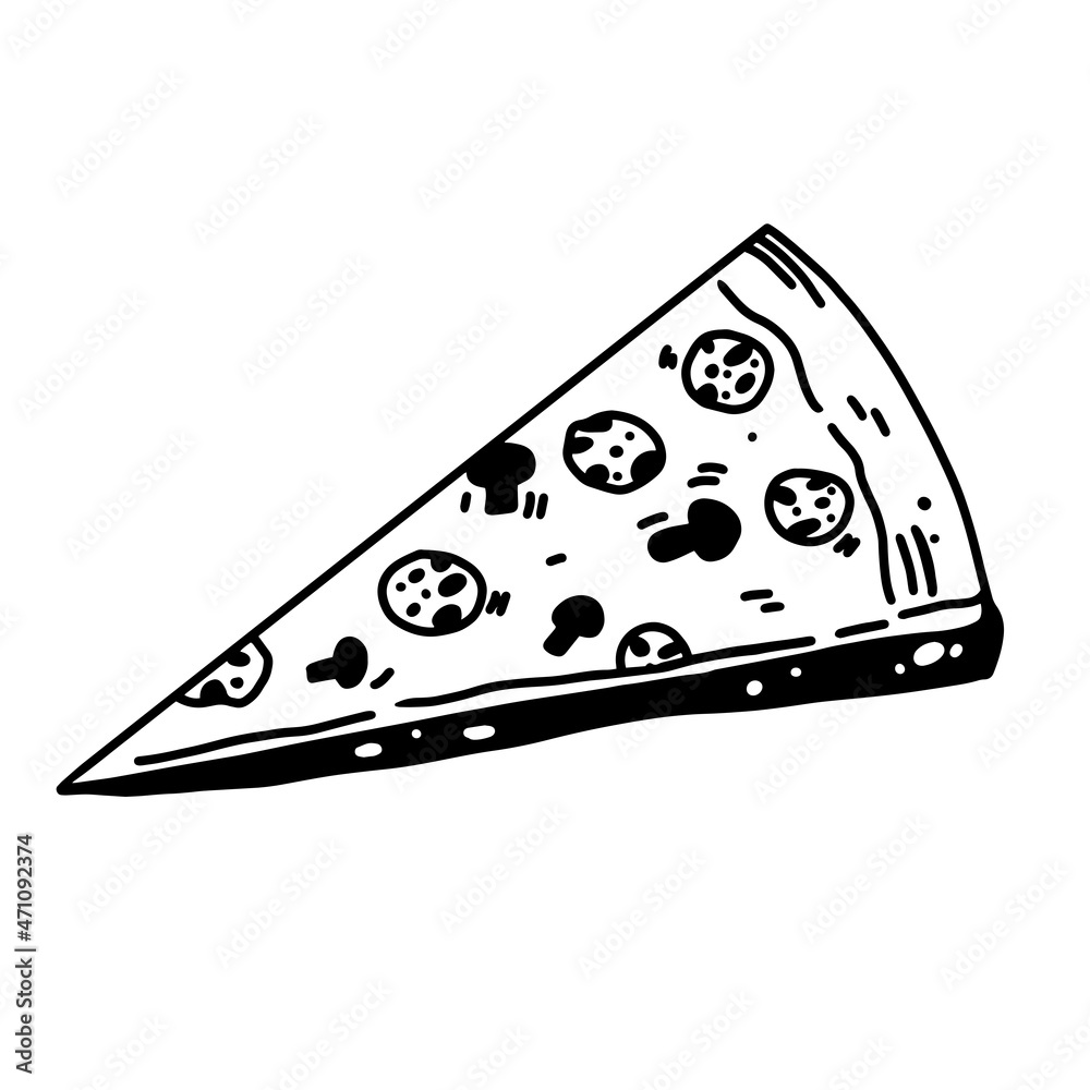 Vector Italian pizza slice doodle cartoon hand drawn illustration. Pepperoni with mushroom, salami, cheese in monochrome engraved style.