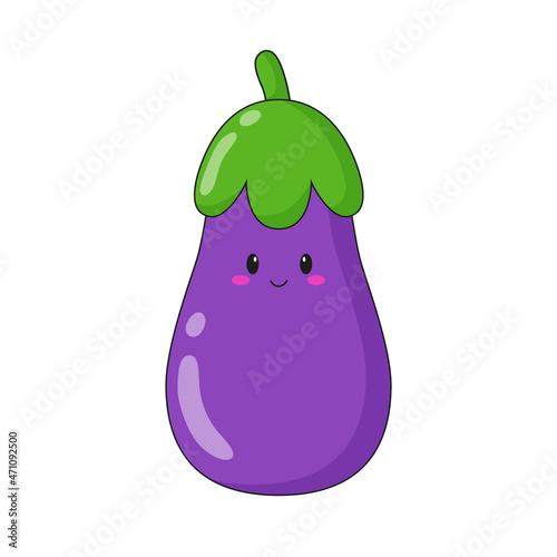 Cute kawaii eggplant character. Flat cartoon illustration, icon, logo, sticker isolated.