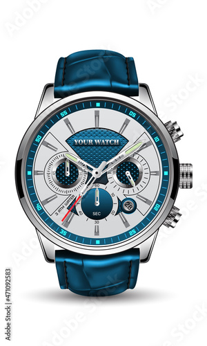 Realistic clock watch sport chronograph blue silver red steel for men luxury on white background object vector