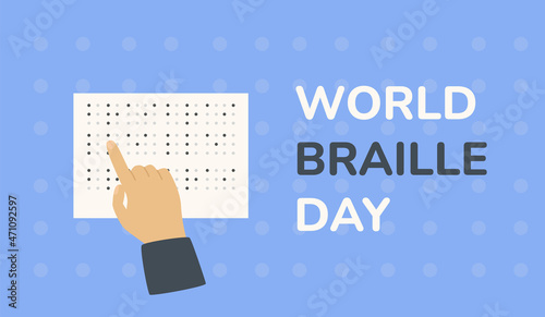 World braille day banner. A person reads a text written in Braille.