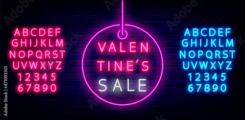 Valentines Sale neon label with alphabet. Light advertising. Discount signboard for shop. Vector stock illustration