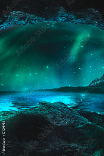 Rocky cave, stones, tunnel and starry night sky with northern lights, polar night. Drawing in the sky. North. Fantasy landscape, rock hole. Neon landscape. 3D illustration. 