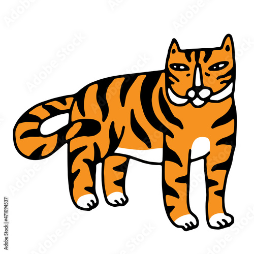 Tiger in a doodle cartoon style. Cute hand drawn tiger cub. Vector color outline illustration  isolated on a white background