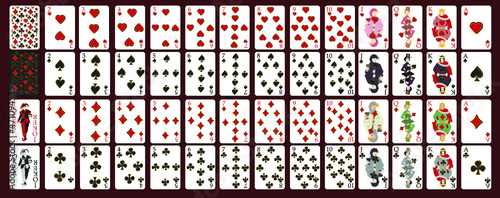 Poker set with isolated cards on red background. Poker cards, full deck. Vector illustration