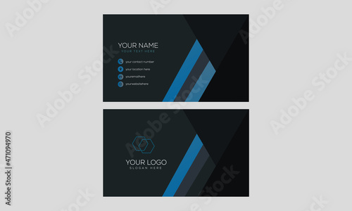 Professional modern two sided business card design template on black and navy blue color