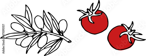 Continuous one line drawing of two tomatoes and an olive branch. Vector illustration
