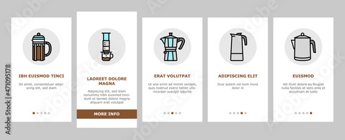 Coffee Make Machine And Accessory Onboarding Mobile App Page Screen Vector. Coffee Maker Electronic Device And Aeropress Tool, Syphon And Percolator, Grinder Tamper Prepare Energy Drink. Illustrations © vectorwin