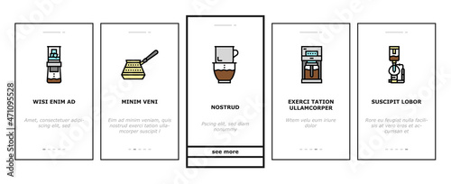Coffee Make Machine And Accessory Onboarding Mobile App Page Screen Vector. Coffee Maker Electronic Device And Aeropress Tool, Syphon And Percolator, Grinder Tamper Prepare Energy Drink. Illustrations