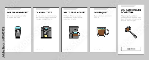 Coffee Make Machine And Accessory Onboarding Mobile App Page Screen Vector. Coffee Maker Electronic Device And Aeropress Tool, Syphon And Percolator, Grinder Tamper Prepare Energy Drink. Illustrations