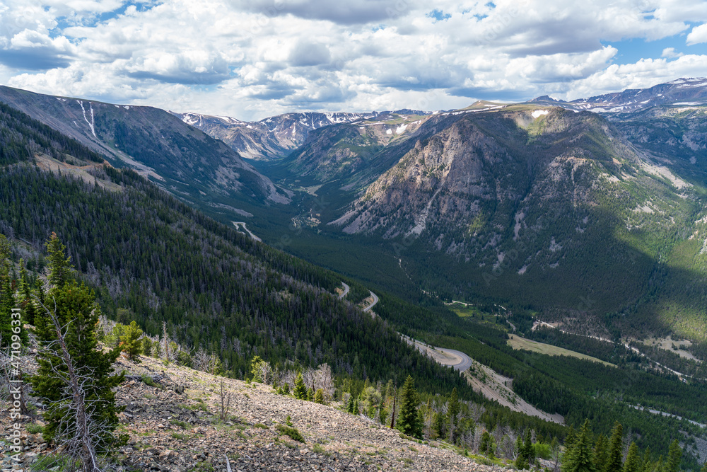 View from Rock Creek Vista on the Bearthooth Highway in Wyoming and Montana on a sunny and cloudy summer day