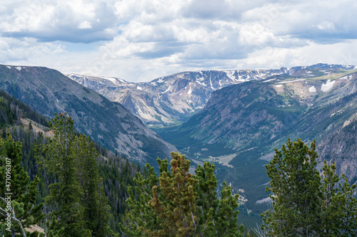 View from Rock Creek Vista on the Bearthooth Highway in Wyoming and Montana on a sunny and cloudy summer day