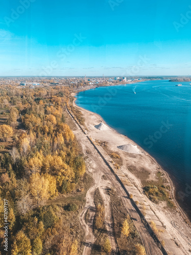 View from the cable car to the bank of the Volga river