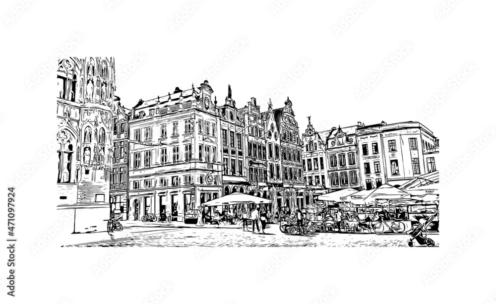 Building view with landmark of Leuven is the 
city in Belgium. Hand drawn sketch illustration in vector.