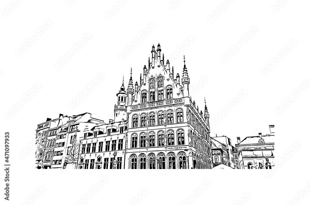 Building view with landmark of Leuven is the 
city in Belgium. Hand drawn sketch illustration in vector.