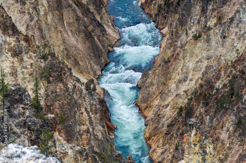 The Yellowstone River cuts through the Grand Canyon of the Yellowstone in Yellowstone National Park, Wyoming