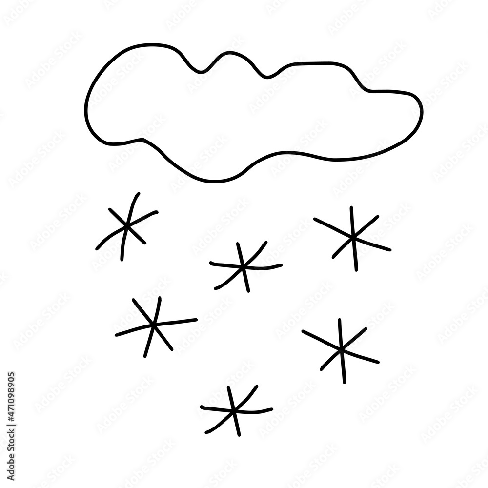 Fototapeta premium Vector black outline illustration of one snow cloud with snowflakes isolated on a white background