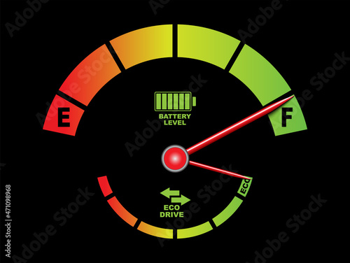 Electric car dashboard meters, battery level, eco drive indicator. Automotive vector design on black for electric cars, electric drive, car charging, eco car design projects.